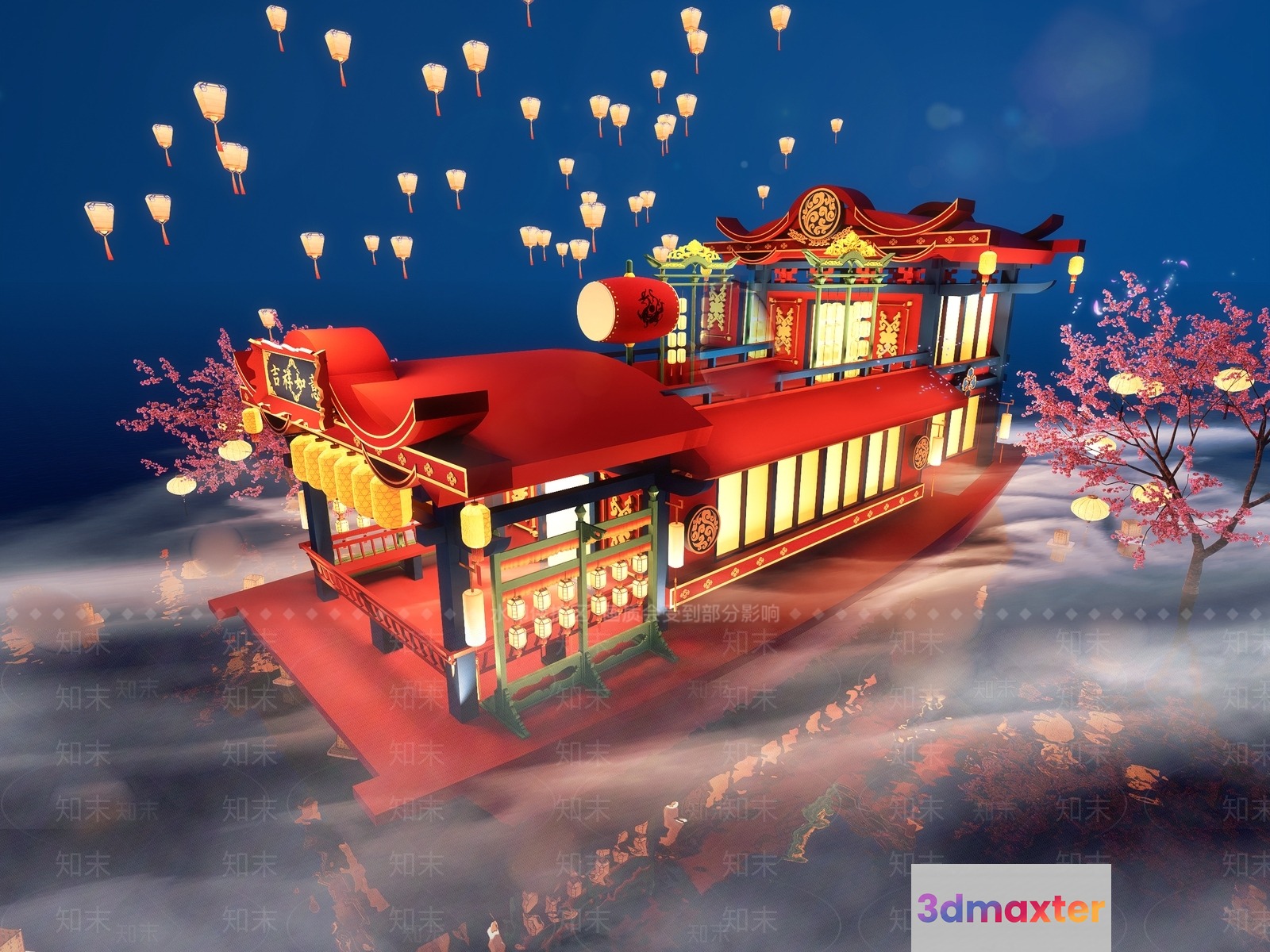 A Chinese-Style Building With Red And Yellow Accents 3D Model - 16392 - VRAY Render