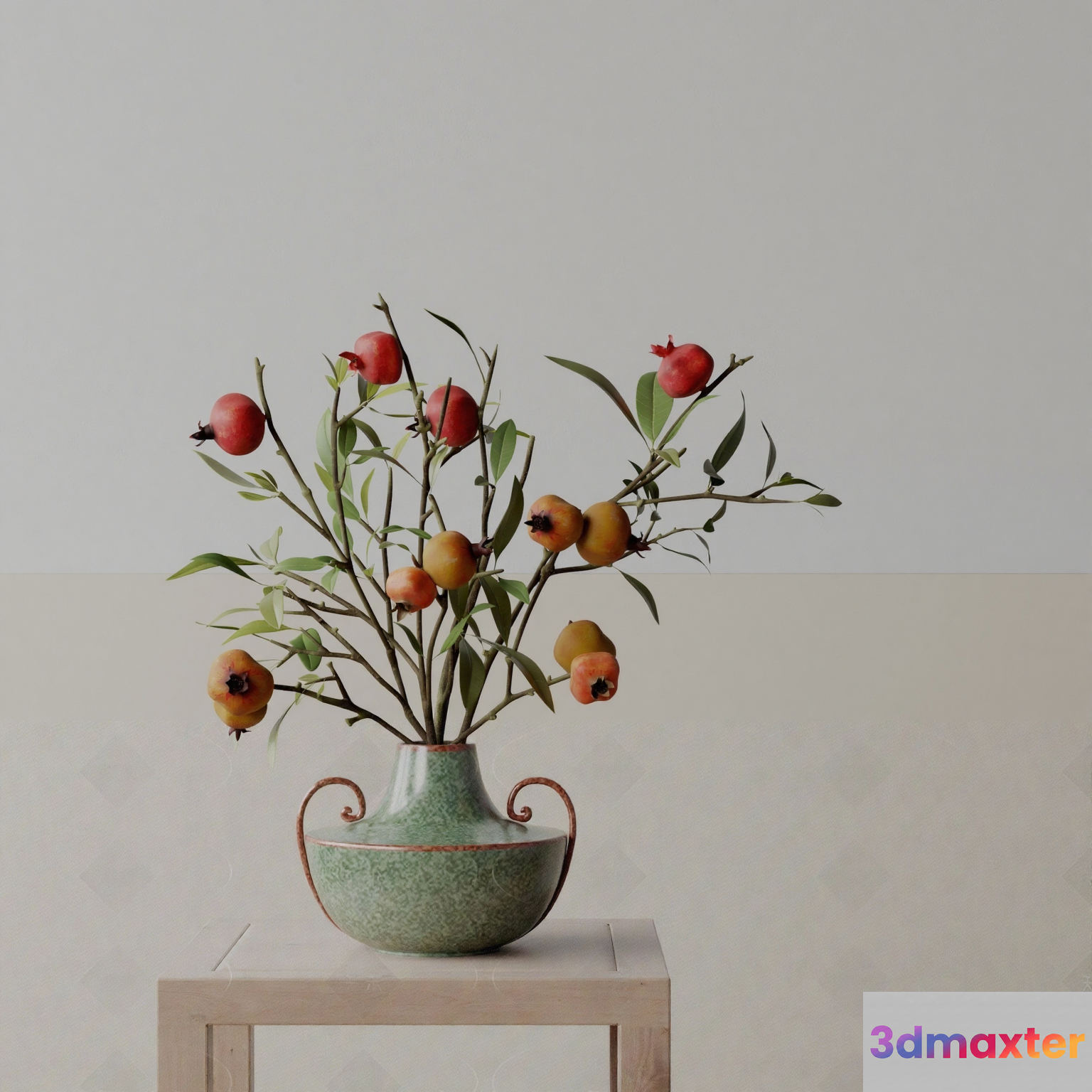 A Vase With Fruit And Leaves 3D Model - 10270 - VRAY Render