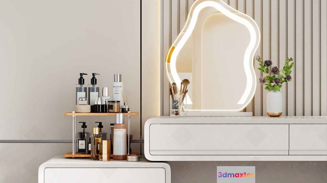 A White Vanity Table With A Mirror 3D Model - 6552 - VRAY Render
