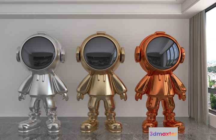 Three Metallic Gold Silver And Copper Astronaut Figurines 3D Model - 14600 - VRAY Render