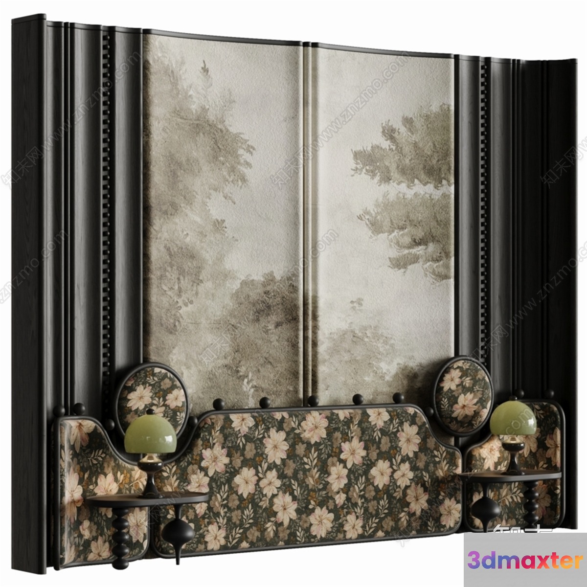 A Floral Headboard With Two Nightstands 3D Model - 9541 - VRAY Render