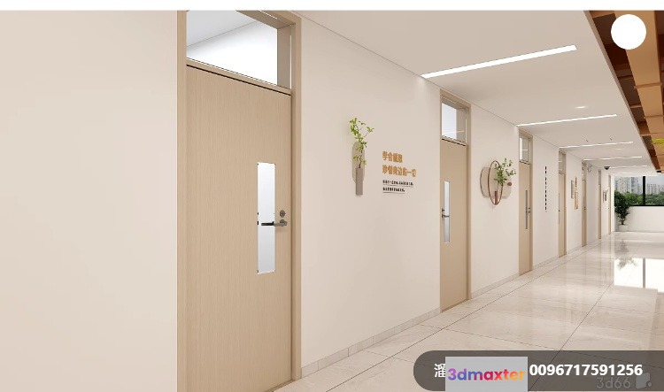 A Long White Hallway With Doors 3D Model - 7395 - VRAY Render