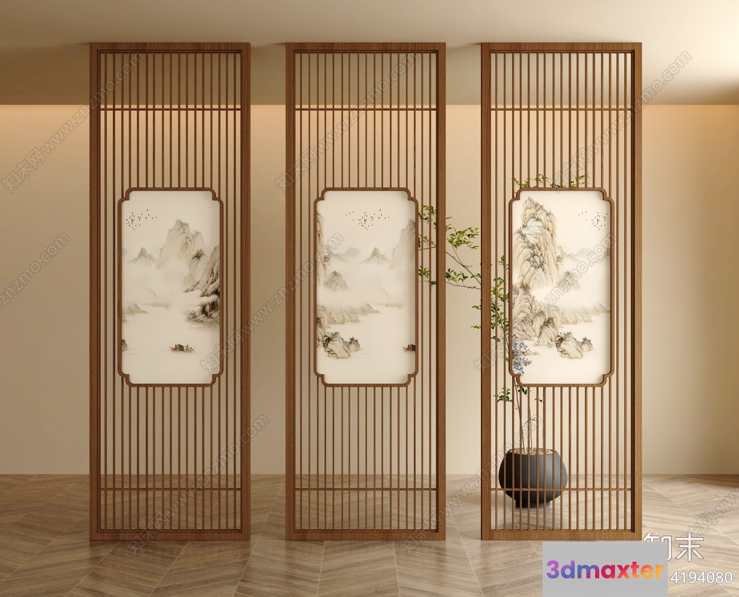 Three Tall Wooden Screens With Paintings Of Mountains On Them 3D Model - 6601 - VRAY Render