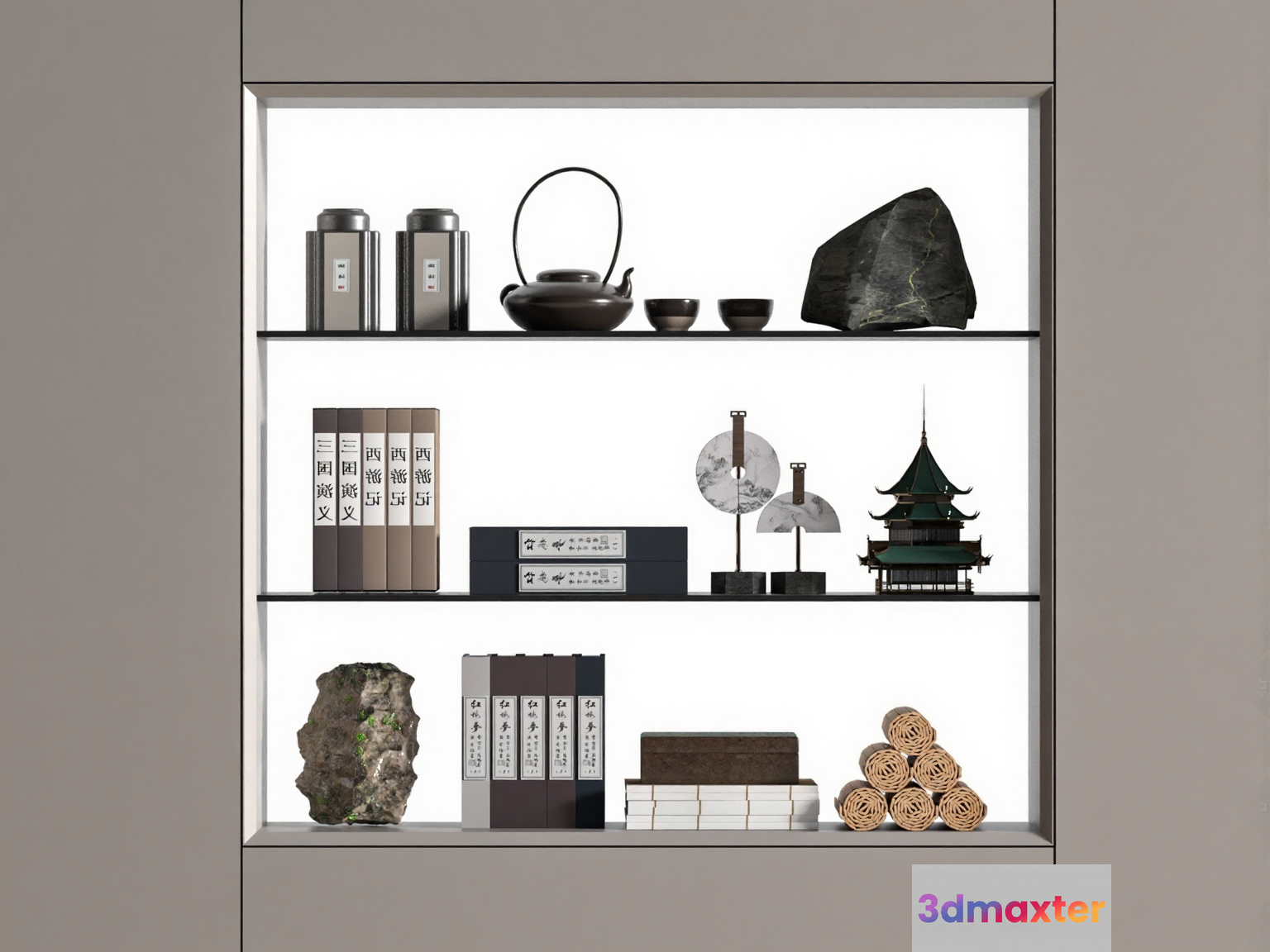 Asian Decorated Shelves 3D Model - 13578 - VRAY Render