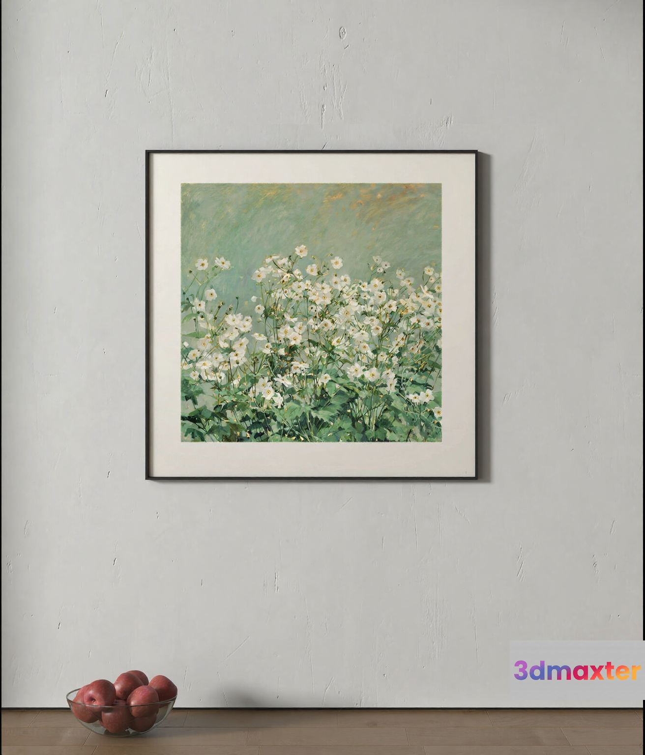 A Framed Painting Of White Flowers On A Light Grey Wall 3D Model - 2650 - VRAY Render