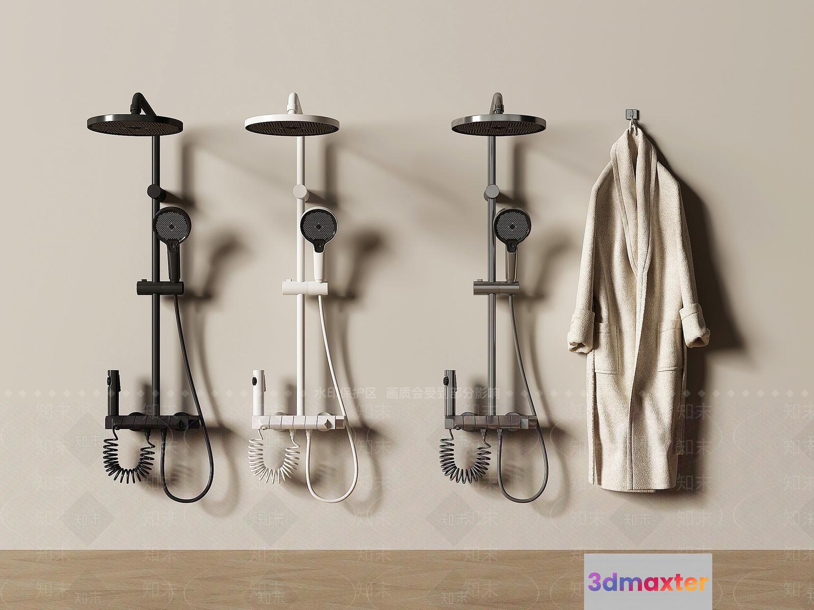 Three Shower Heads And A Robe 3D Model - 3236 - VRAY Render