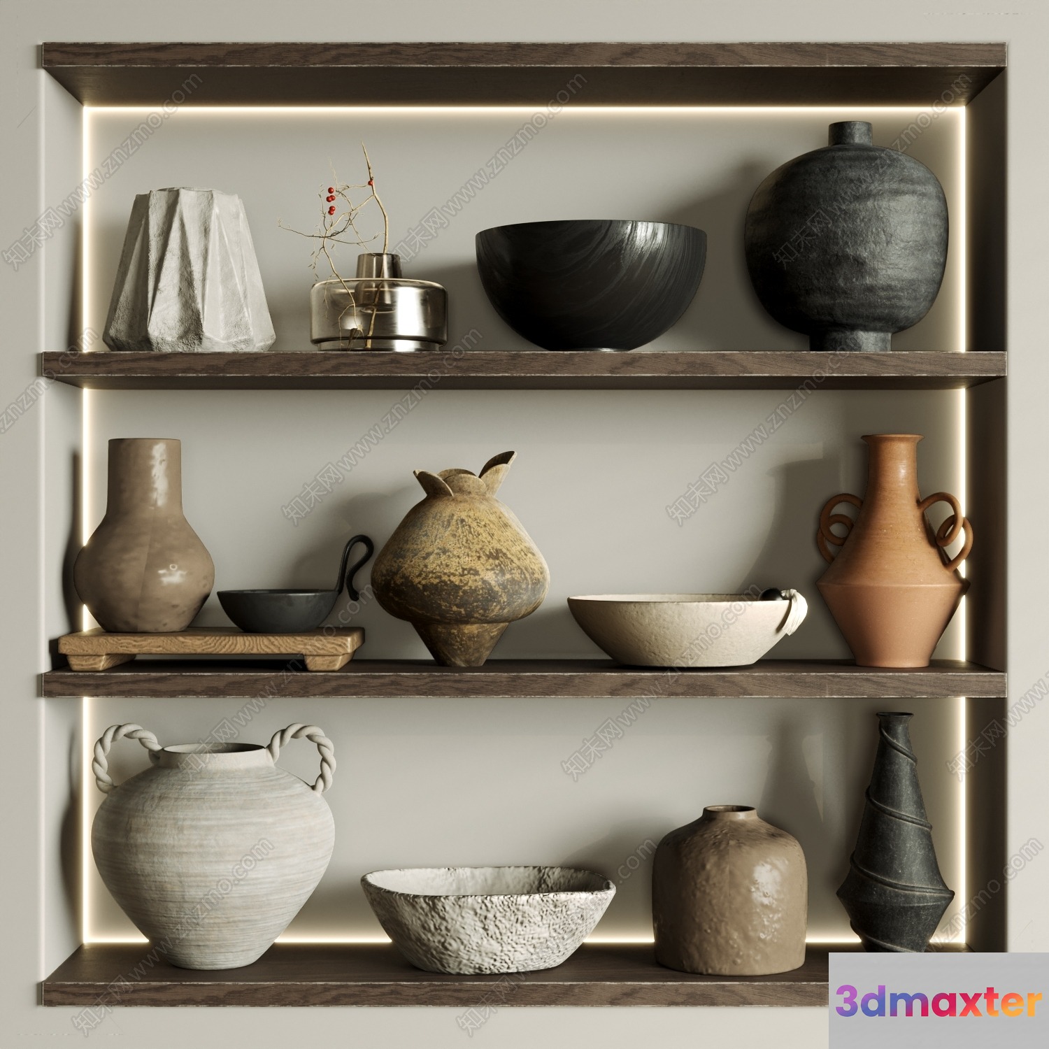 Shelves With Ceramic Vases 3D Model - 18445 - VRAY Render