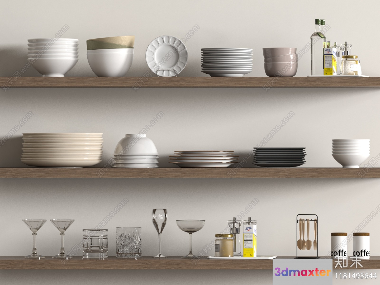 Three-Tiered Wooden Shelf With Dishes And Glasses 3D Model - 20705 - VRAY Render