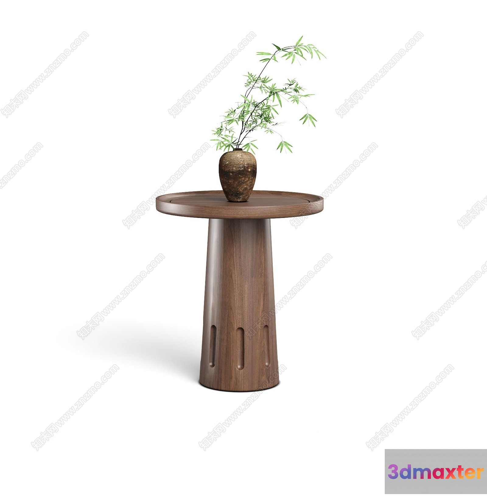 A Small Wooden Table With A Vase And Plant On Top 3D Model - 16981 - VRAY Render