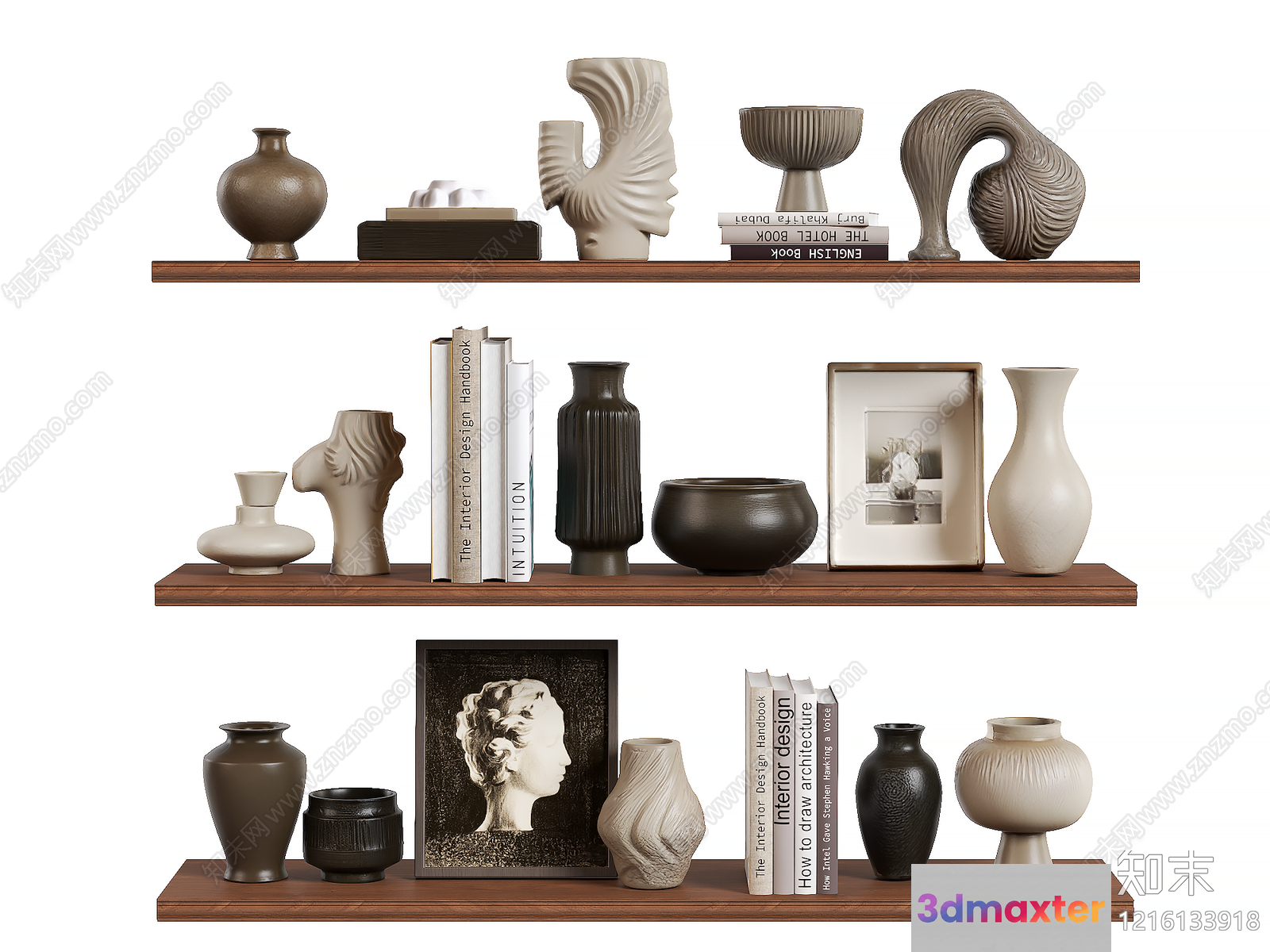 A Shelf With Books And Vases 3D Model - 11360 - VRAY Render