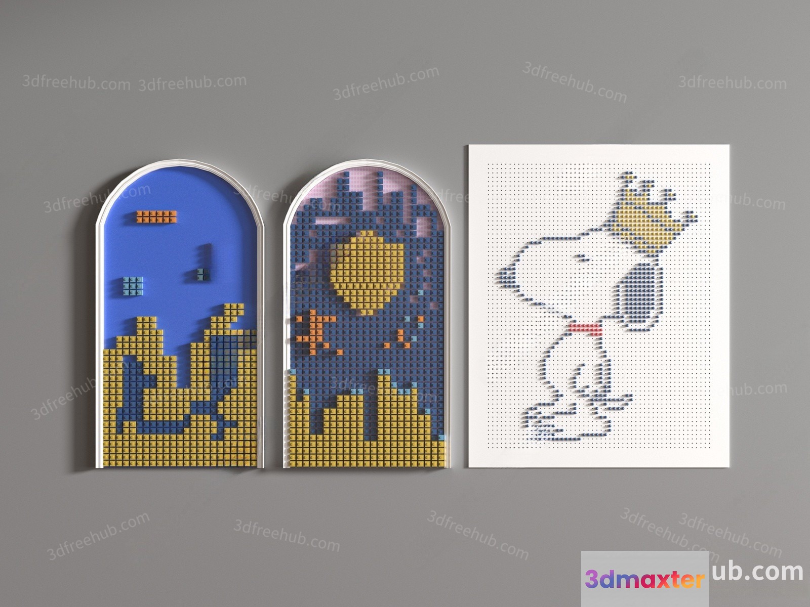 Three Cross-Stitch Patterns On A Gray Background 3D Model - 5339 - VRAY Render