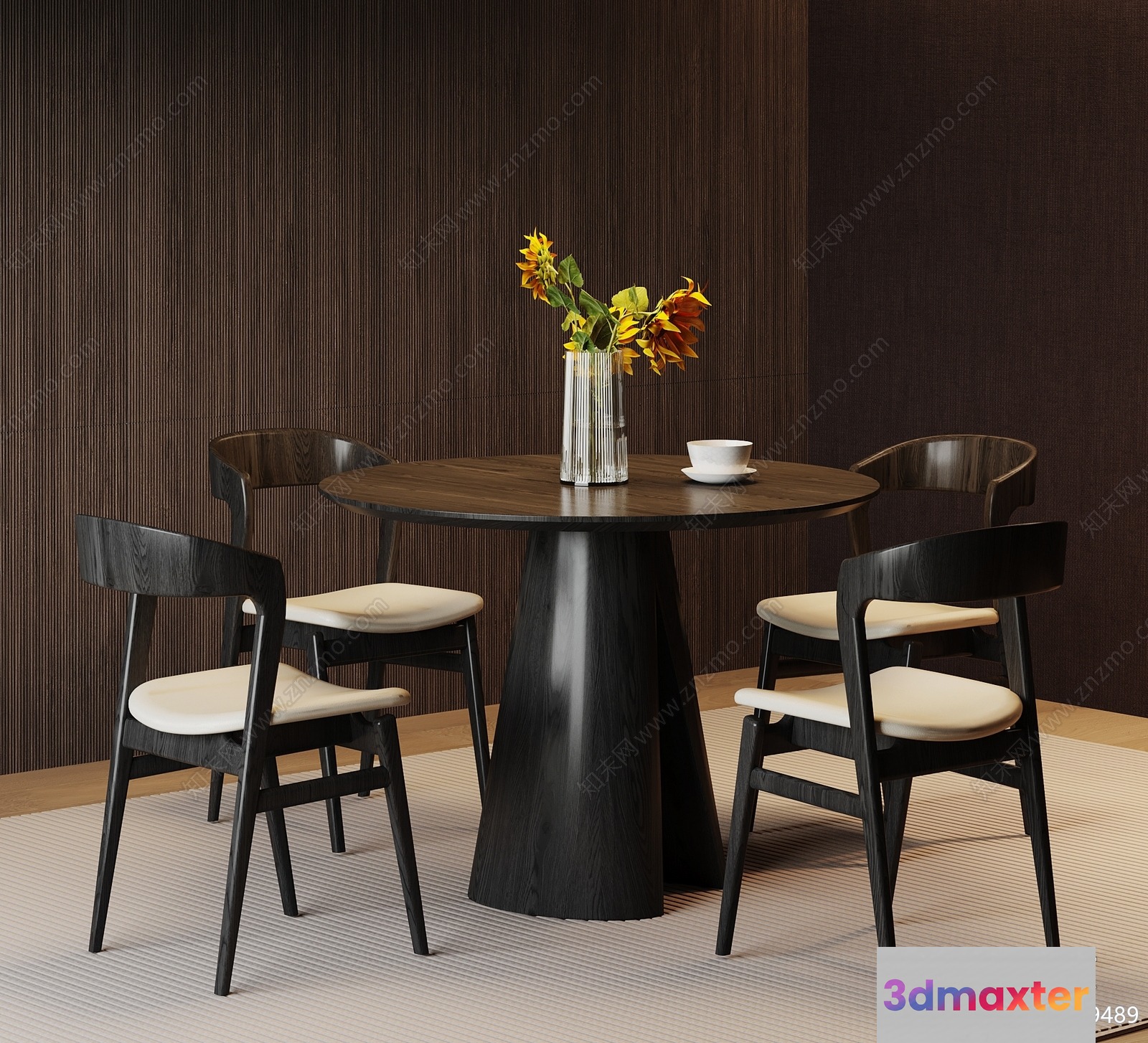 A Round Table With A Vase Of Flowers 3D Model - 11612 - VRAY Render