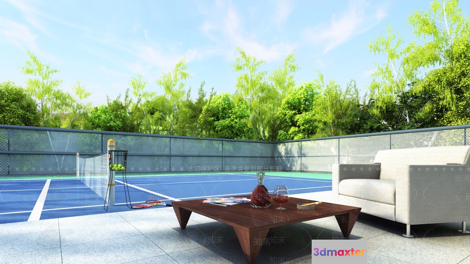 A Tennis Court With A Table And Couch 3D Model - 14436 - VRAY Render