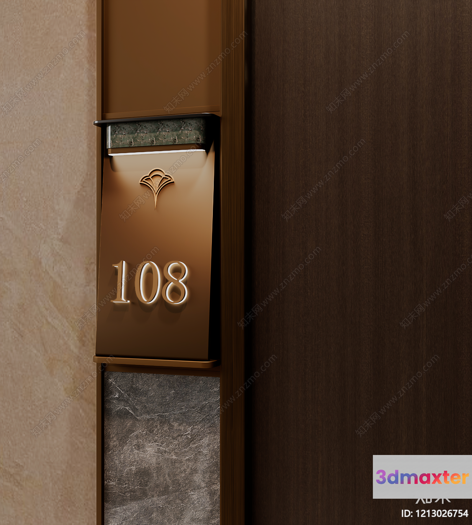 A Bronze-Colored Wall-Mounted Mail Slot With A Number On It 3D Model - 7168 - VRAY Render