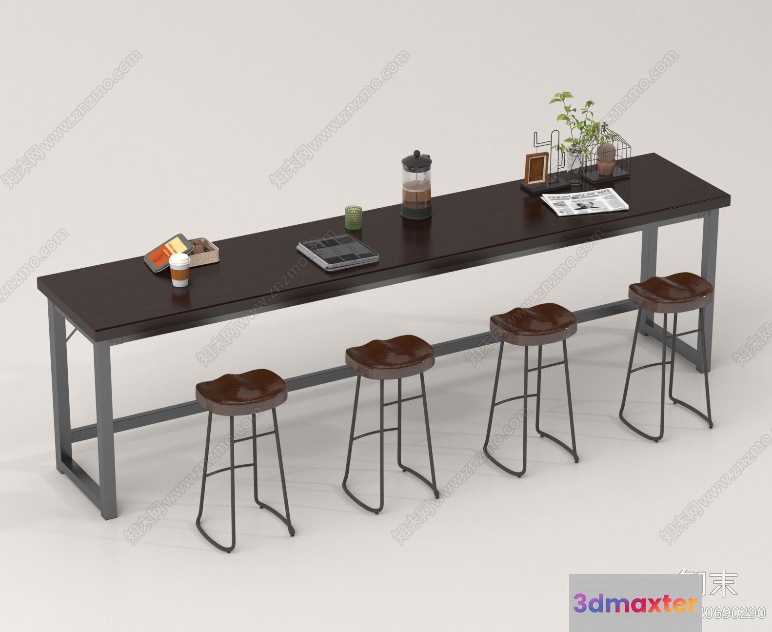A Long Dark Brown Table With Stools 3D Model - 1038 - VRAY Render