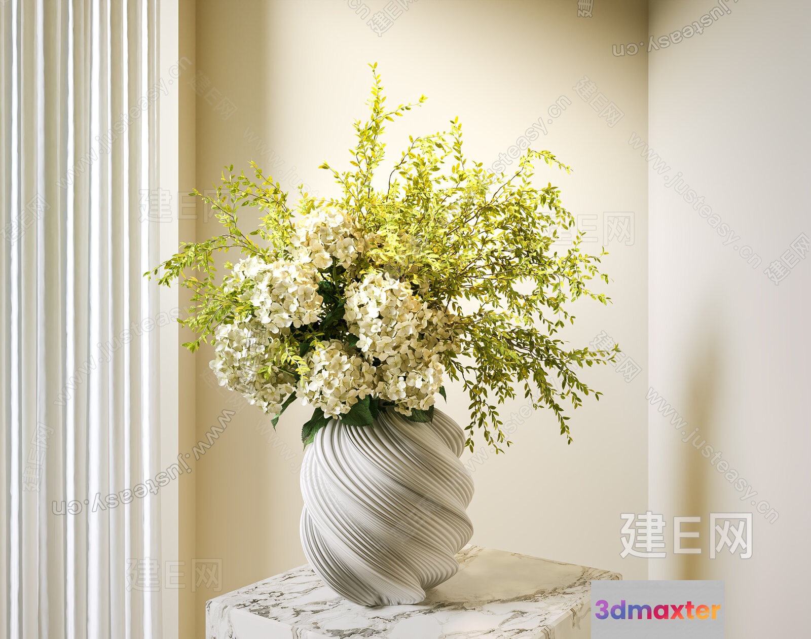 A White Vase With A Floral Arrangement 3D Model - 17386 - VRAY Render