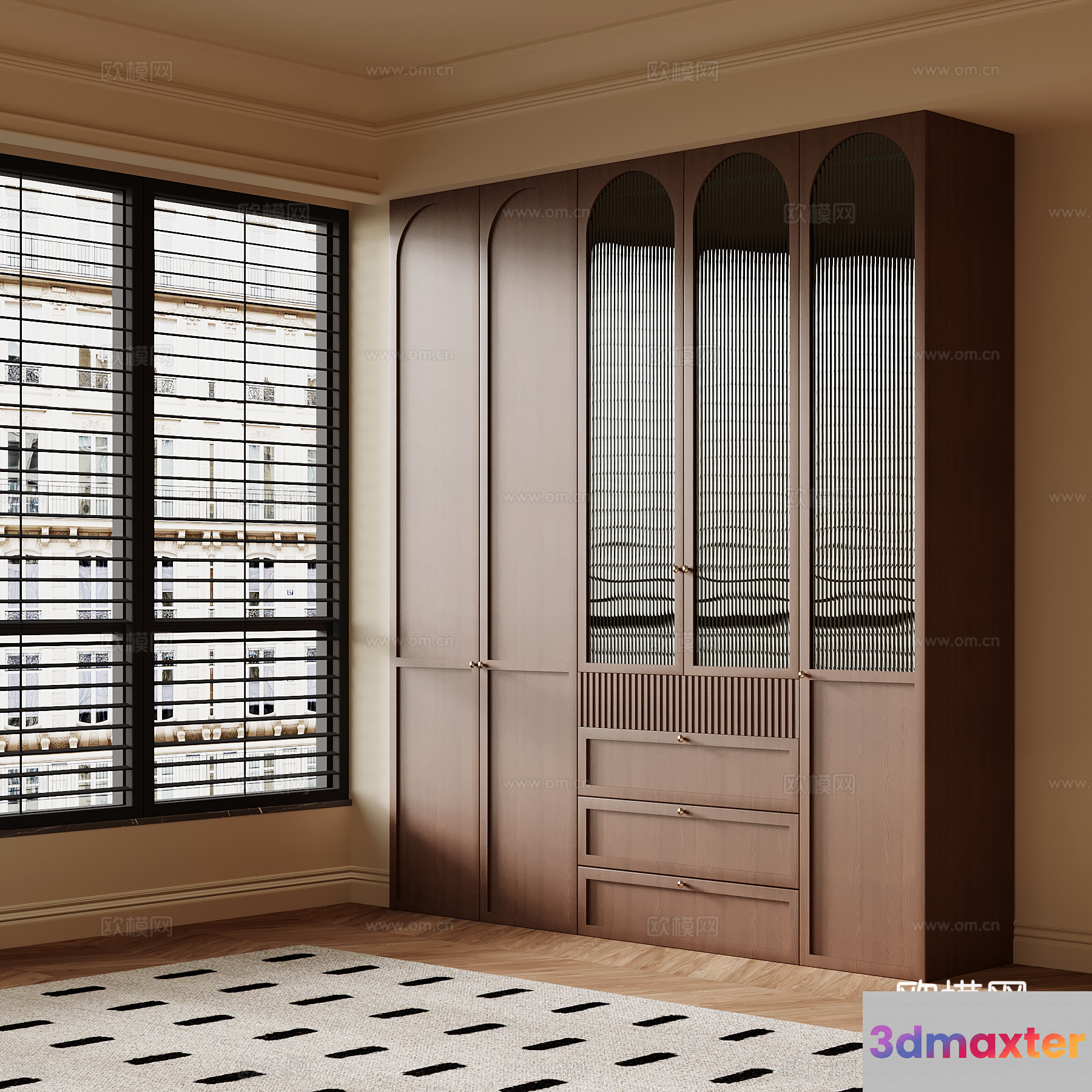 A Wooden Wardrobe With Glass Doors 3D Model - 1537 - VRAY Render