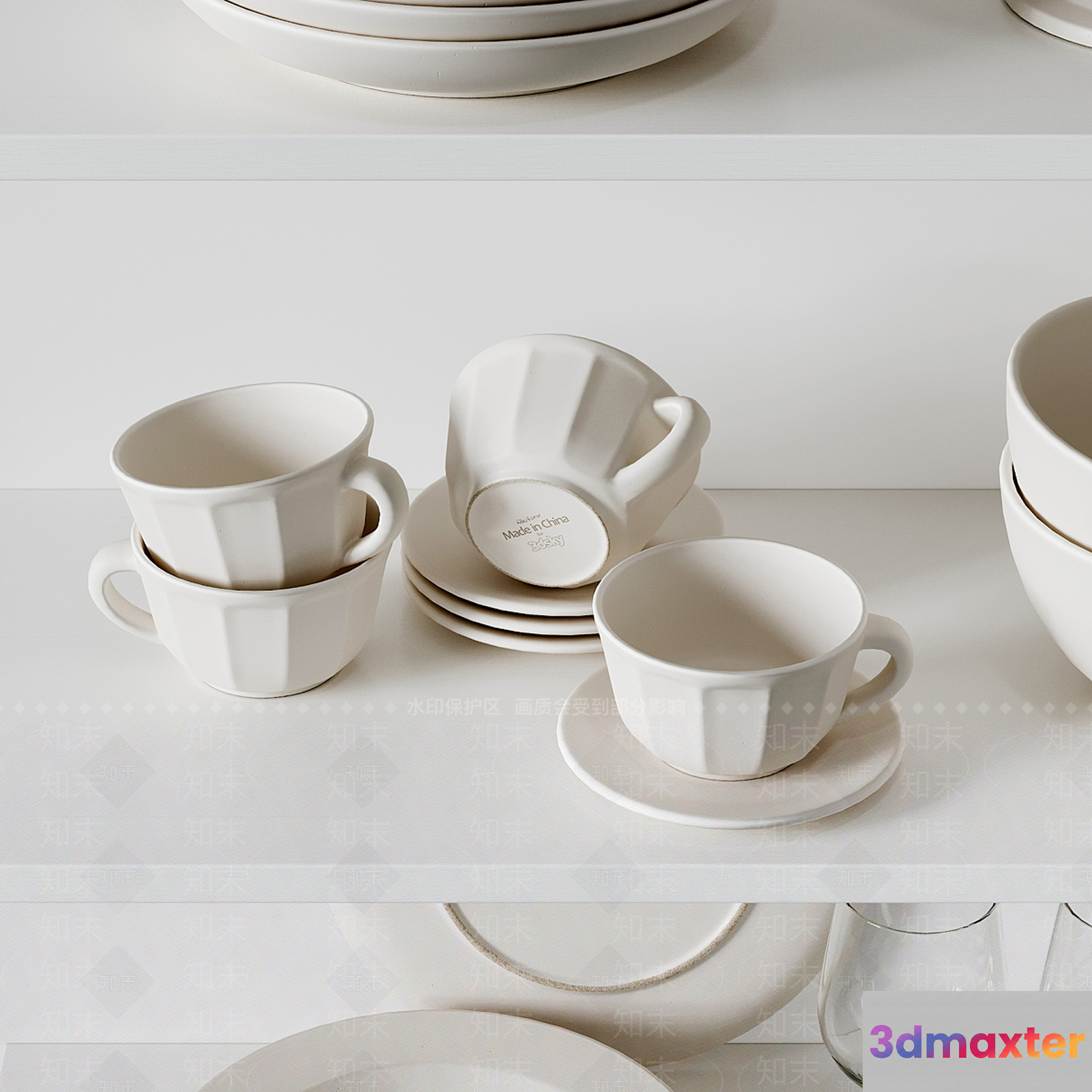 White Ceramic Cups And Saucers 3D Model - 17730 - VRAY Render