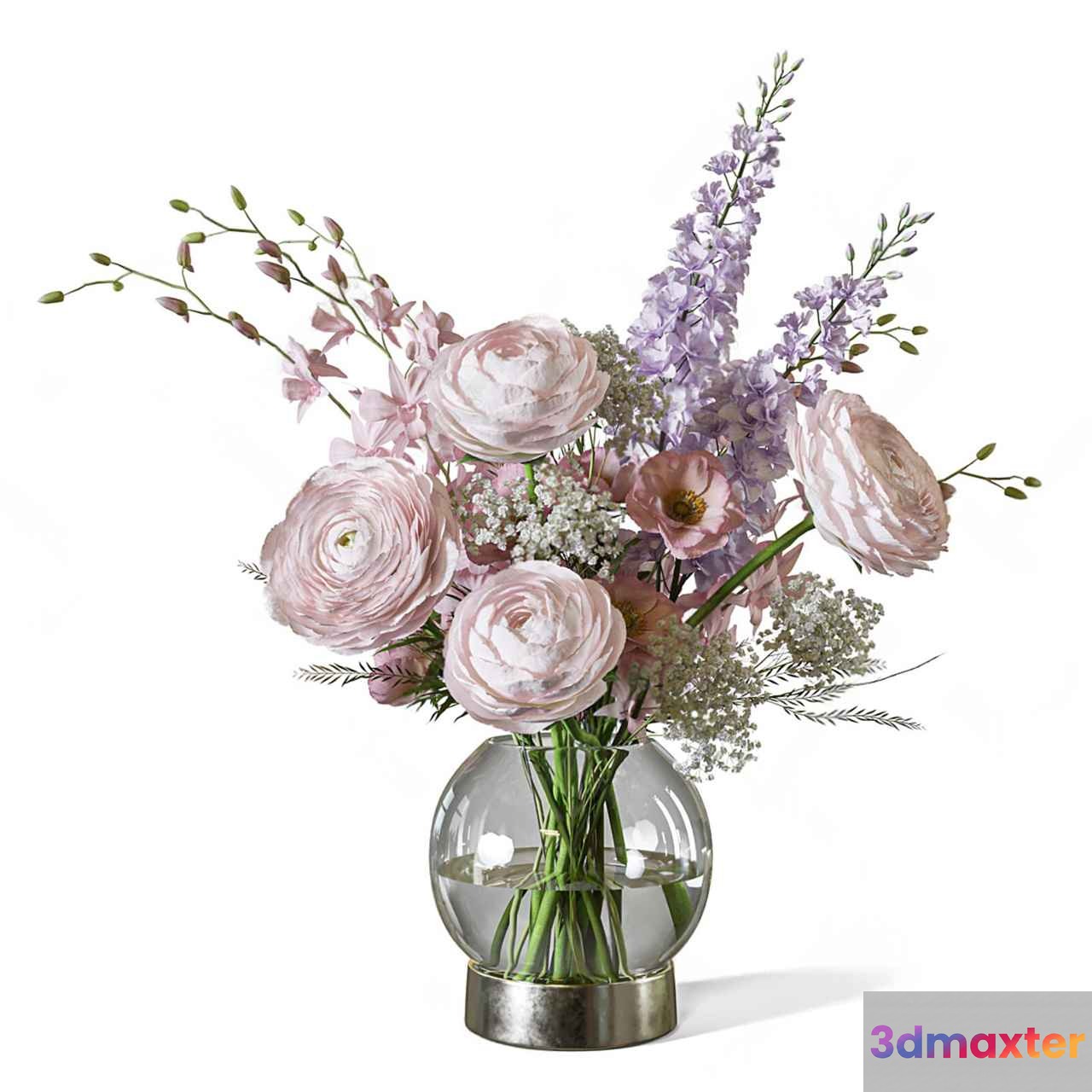 A Glass Vase With A Silver Base Filled With Flowers 3D Model - 4192 - CORONA Render