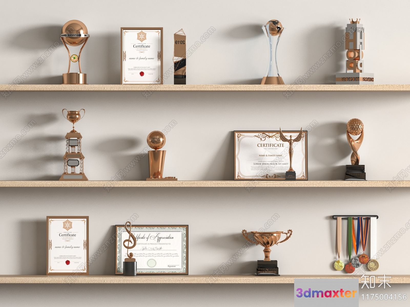 Shelves With Trophies And Certificates 3D Model - 14614 - VRAY Render