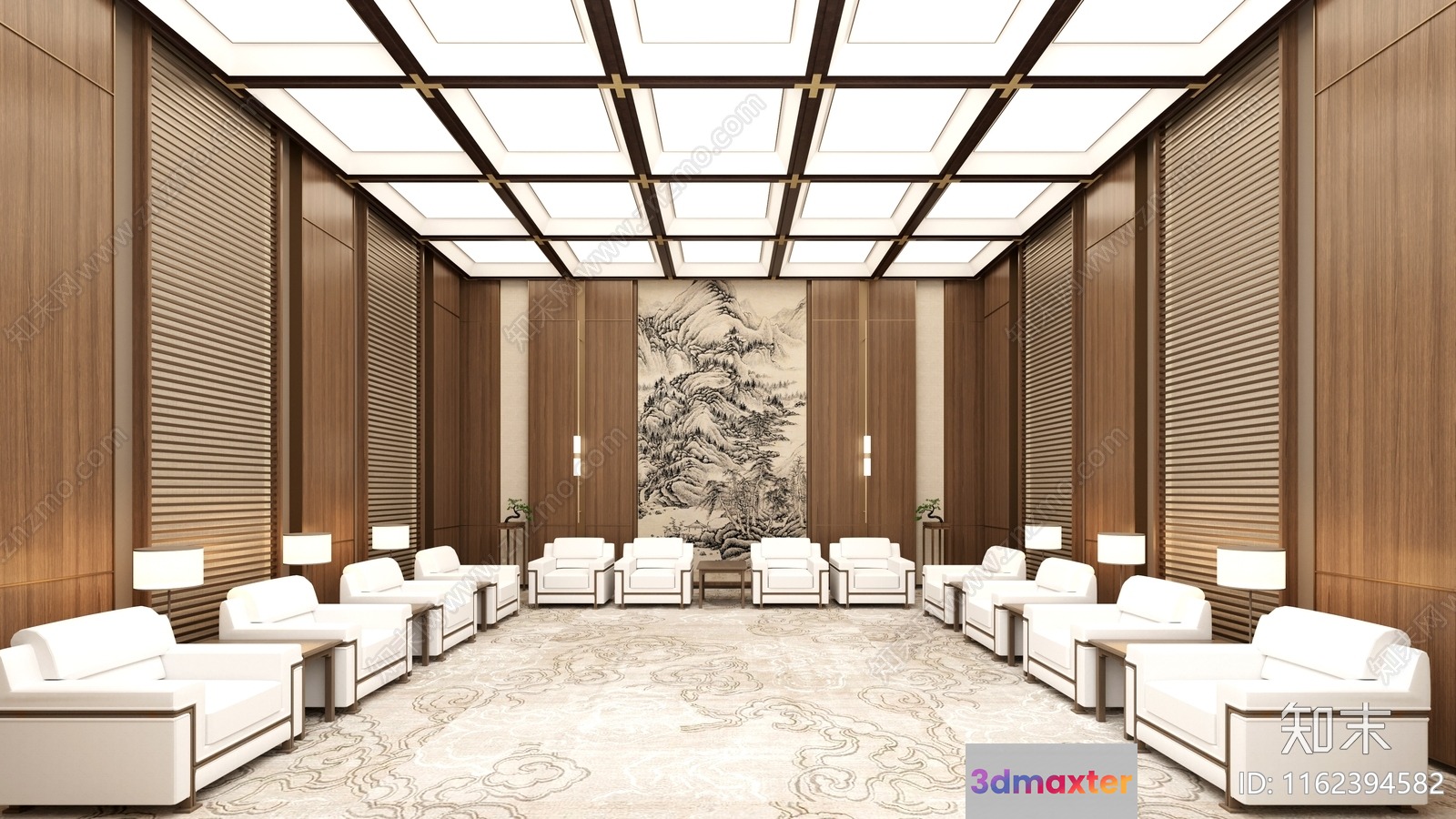A Large Room With A High Ceiling Featuring A Patterned Rug And Several 3D Model - 16662 - CORONA Render