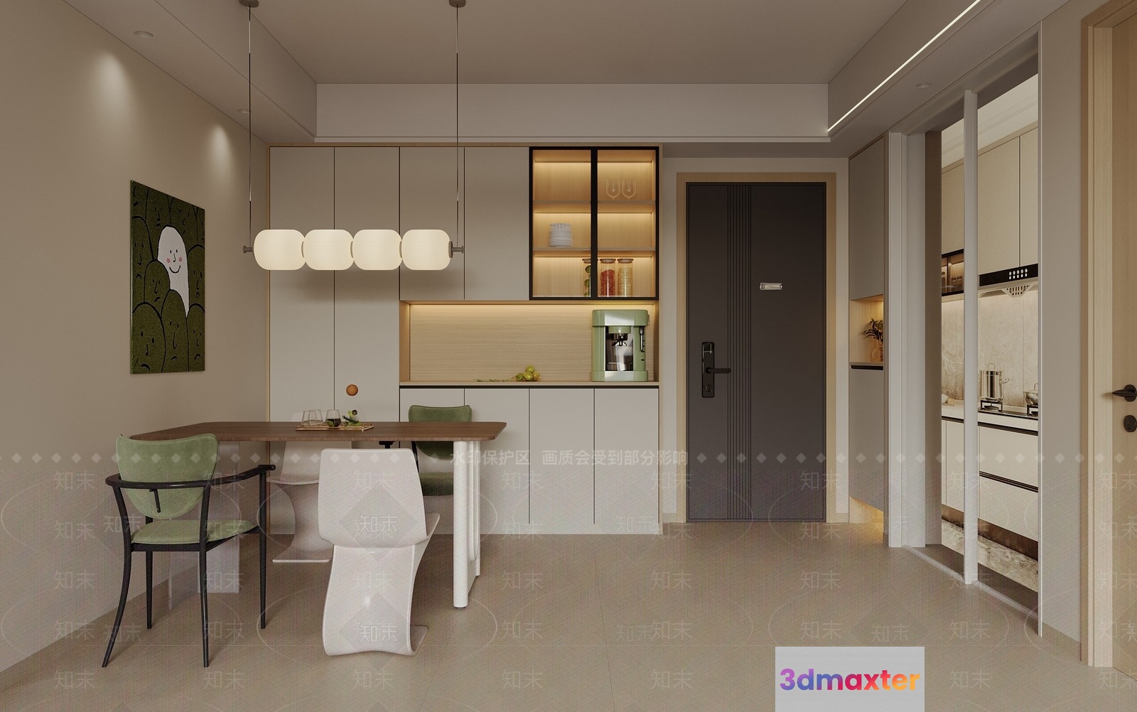 Modern Kitchen With Dining Table 3D Model - 17729 - VRAY Render