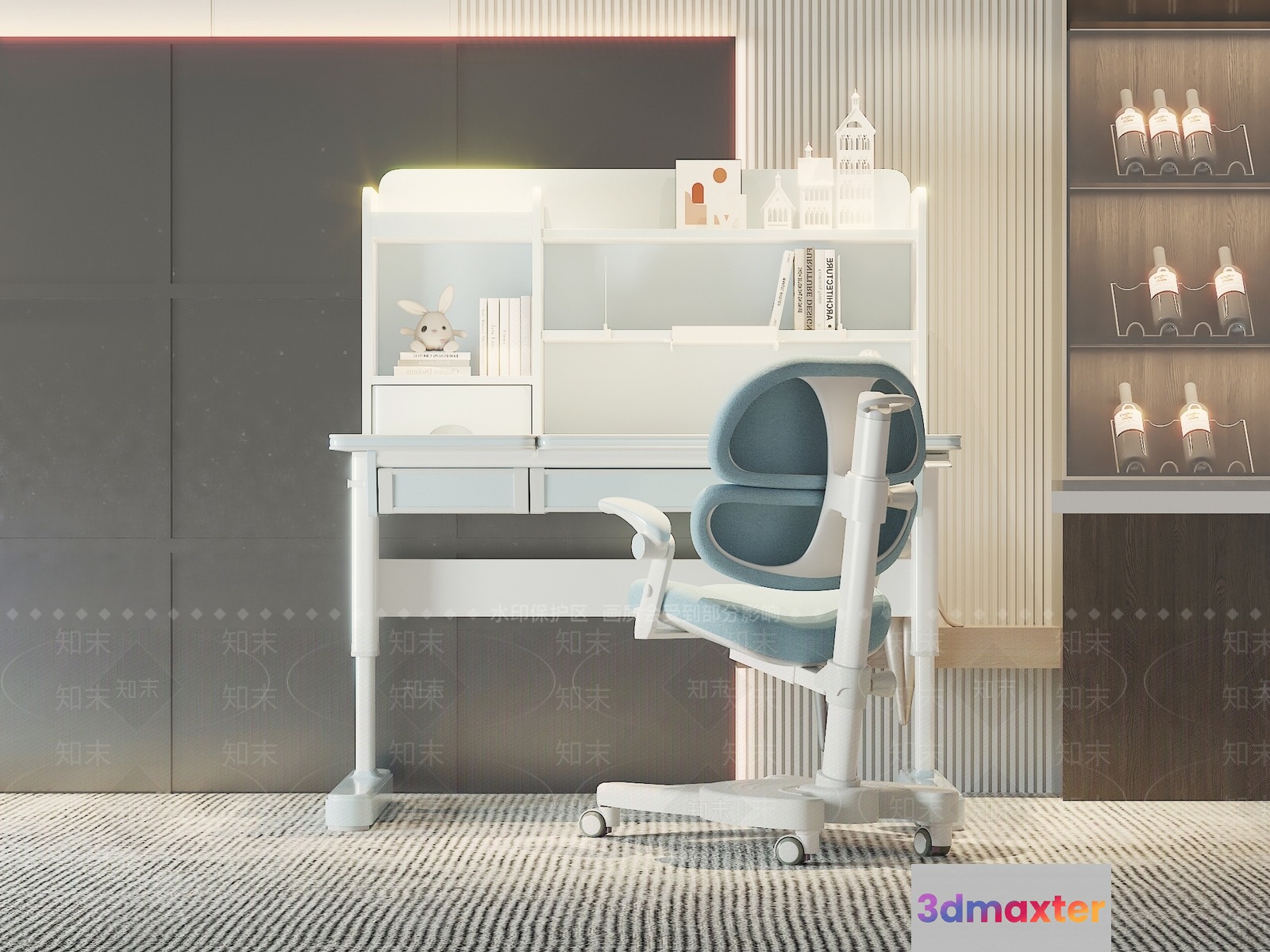 A White Desk With A Blue Chair 3D Model - 9650 - VRAY Render