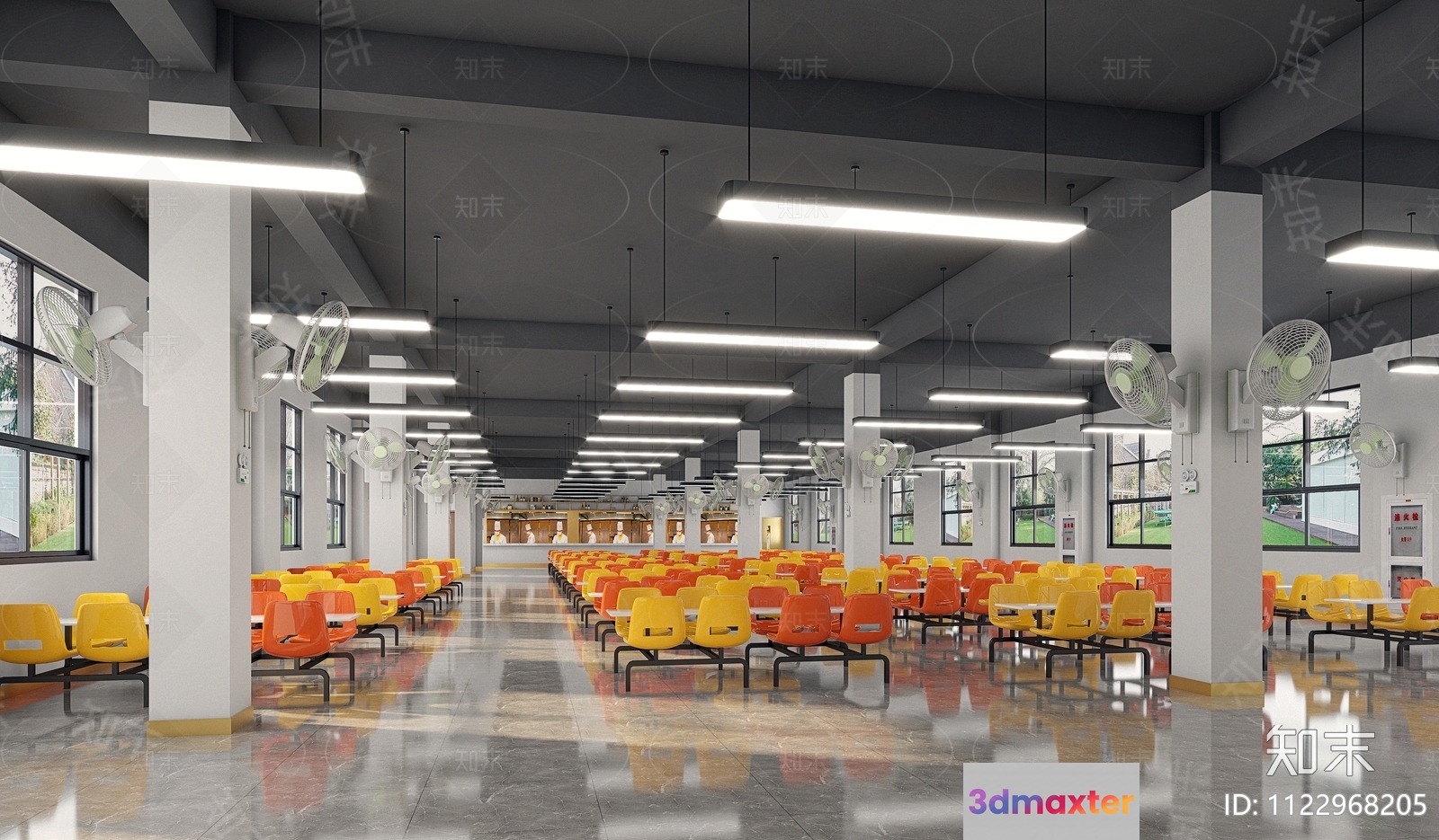A Large Open Room With Rows Of Yellow And Orange Chairs 3D Model - 10266 - VRAY Render