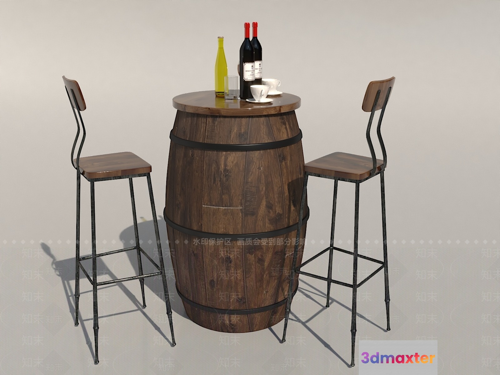 A Wooden Barrel With Two Stools 3D Model - 6854 - VRAY Render