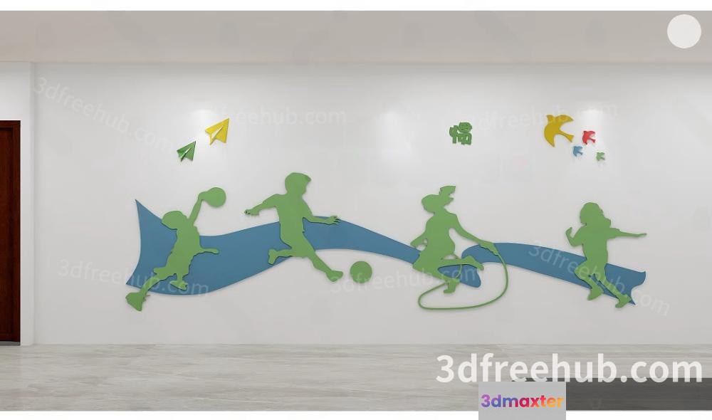 A 3D Rendering Of A Wall With A Mural Of Children Playing Sports 3D Model - 20574 - VRAY Render