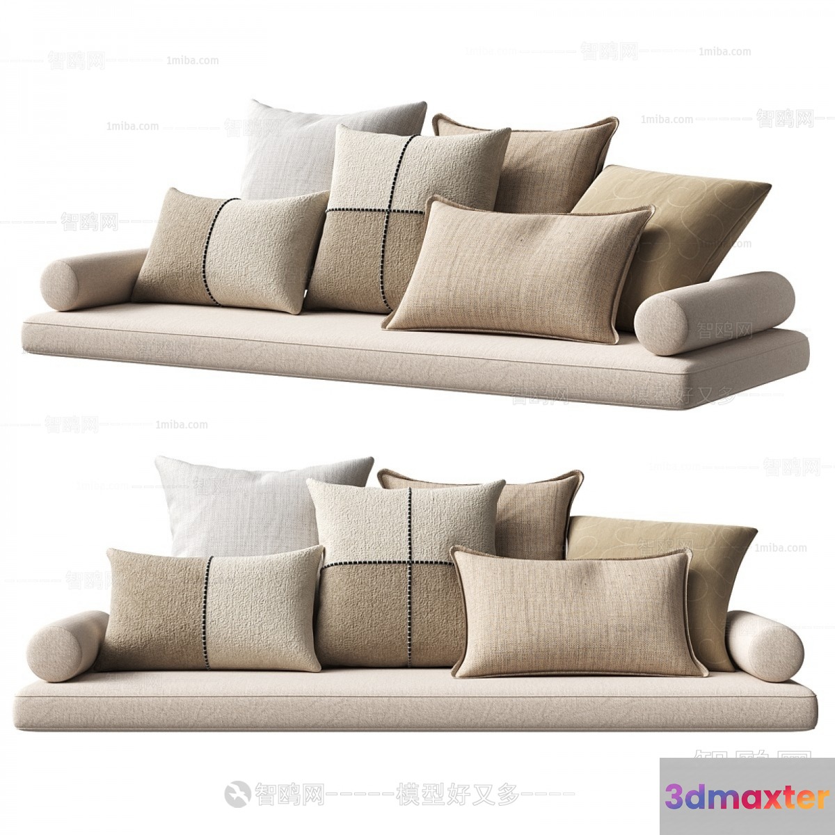 A Beige Sofa With Throw Pillows 3D Model - 21618 - VRAY Render