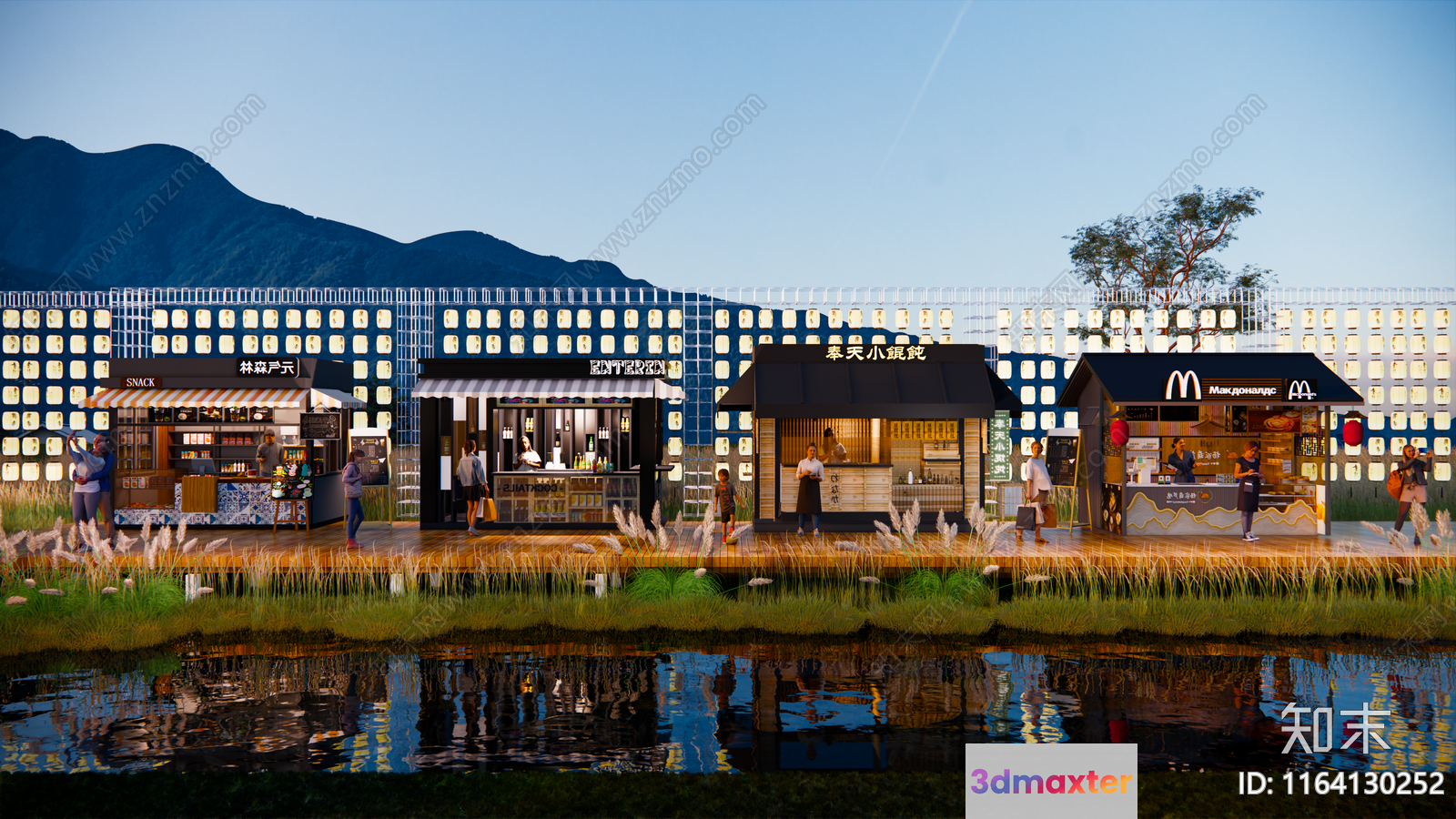 The Main Subject Is A Food Court With Various Restaurants And A Body Of Water 3D Model - 9829 - VRAY Render