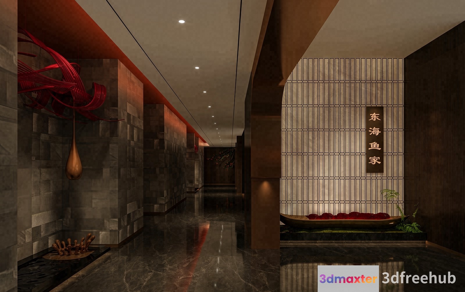 A Long Hallway With A Marble Floor And A Wall Featuring A Red Sculpture And 3D Model - 21976 - VRAY Render
