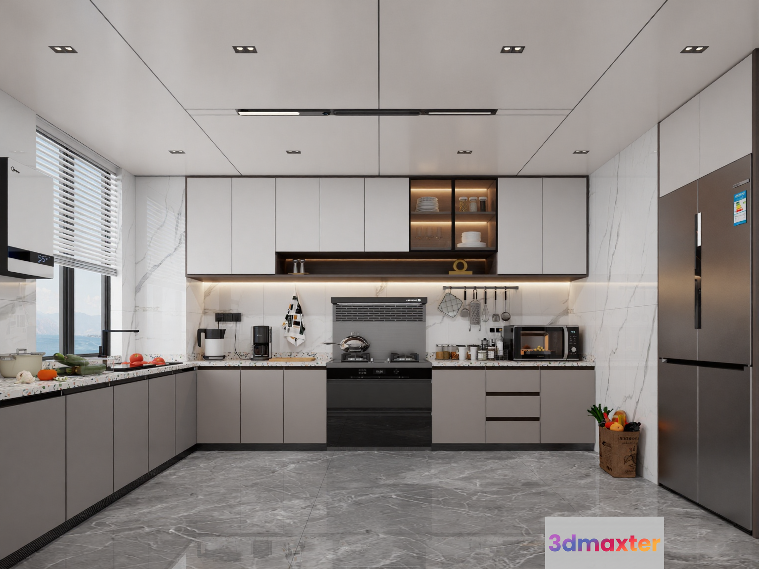 Modern Kitchen Layout 3D Model - 21364 - VRAY Render