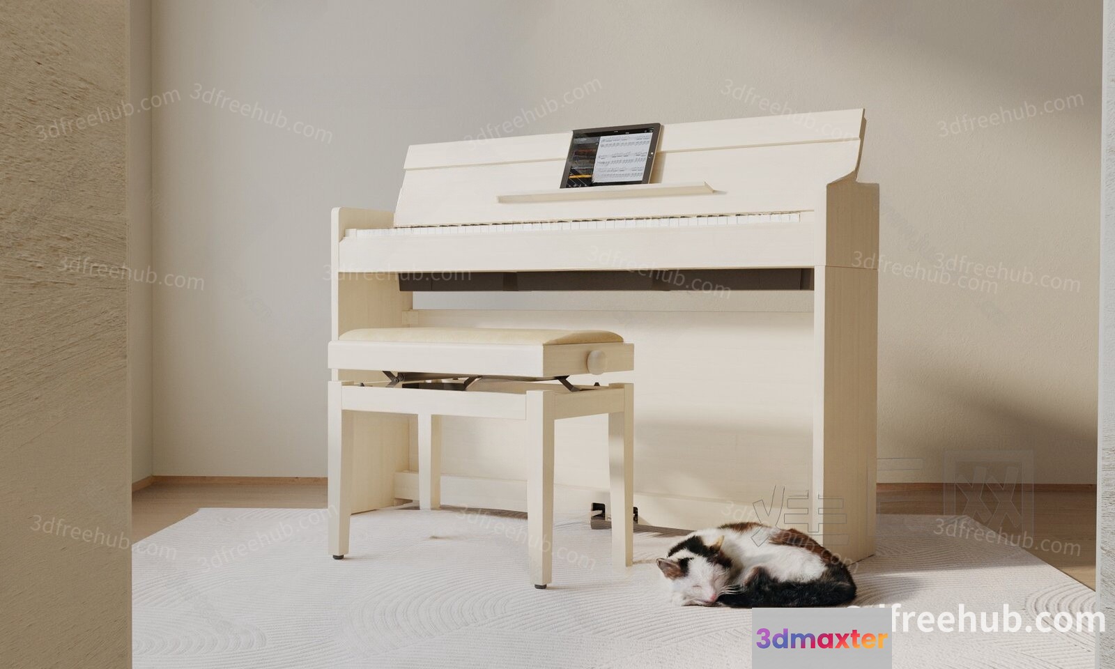 White Piano And Bench 3D Model - 22573 - VRAY Render