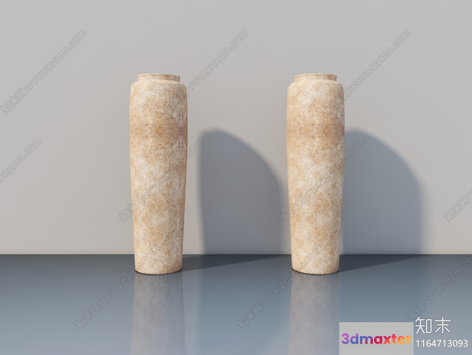 Two Beige Cylindrical Objects On A Reflective Surface 3D Model - 19067 - VRAY Render