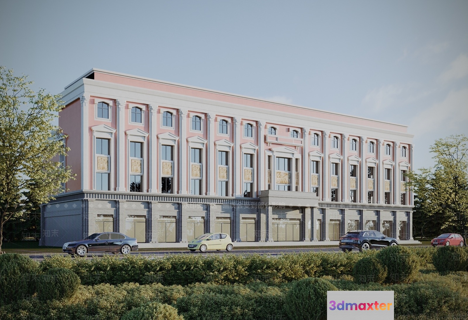 A Large Building With A Pink And White Facade 3D Model - 5777 - VRAY Render