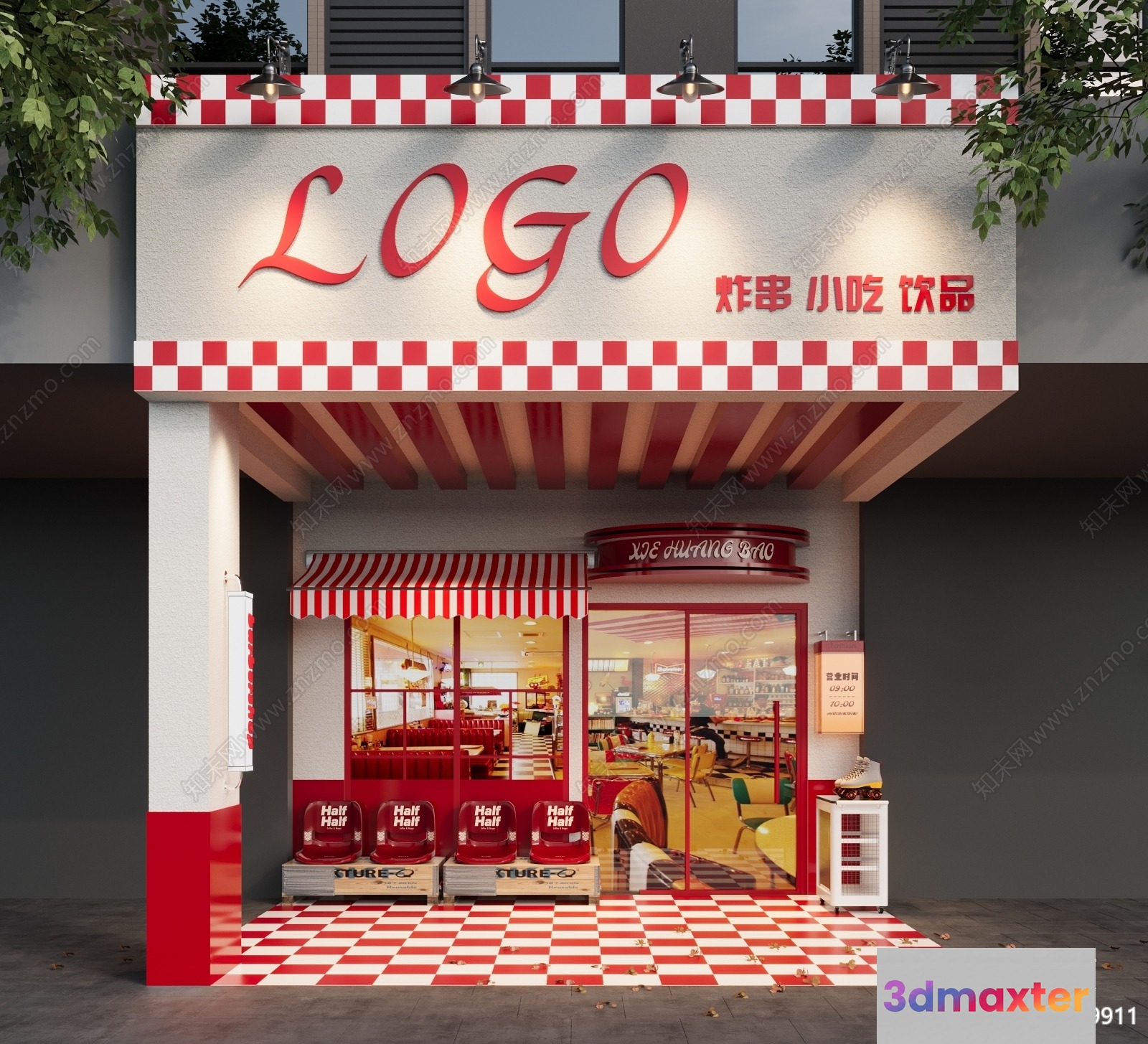 A Storefront With A Red And White Checkered Pattern 3D Model - 14177 - VRAY Render