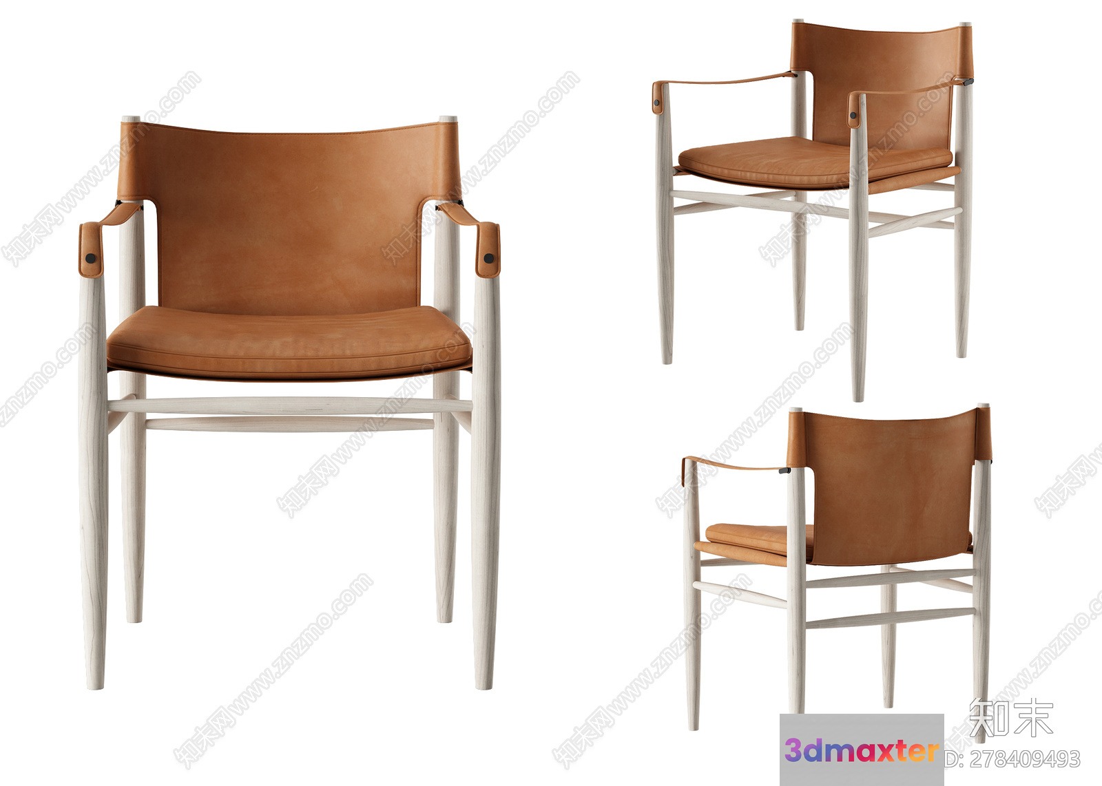 White Wooden Chair With Brown Leather Seat 3D Model - 10984 - VRAY Render