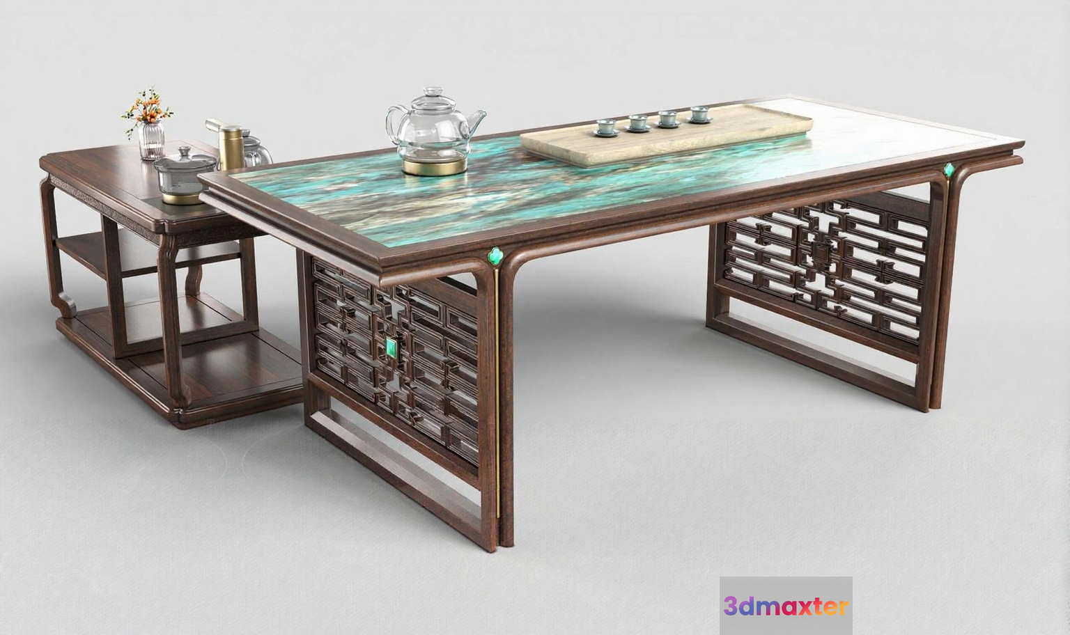 A Wooden Table With A Glass Top 3D Model - 6323 - VRAY Render