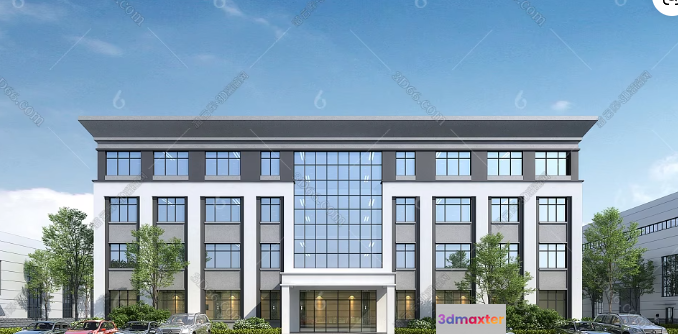 A Large White Building With Many Windows 3D Model - 1465 - VRAY Render