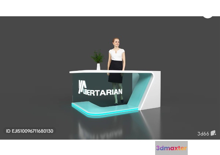 A Woman Standing At A Desk With A Sign That Reads Libertarian 3D Model - 5935 - VRAY Render