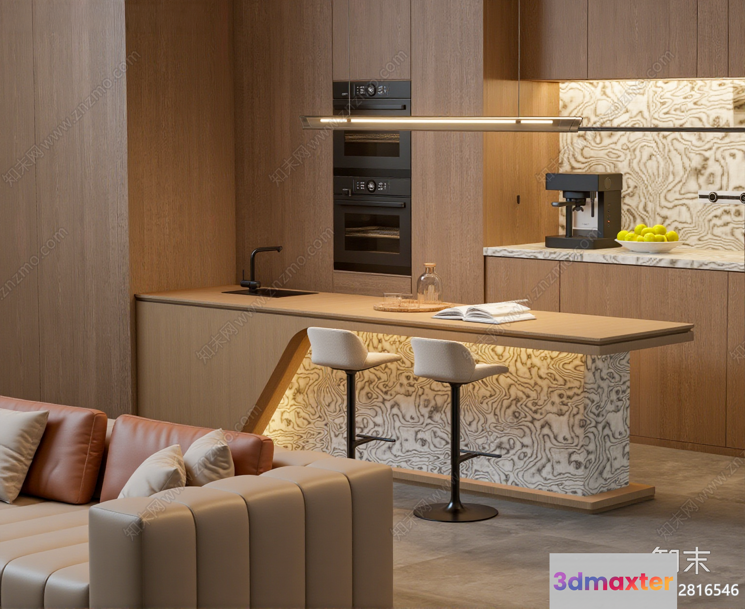 Modern Kitchen And Living Room 3D Model - 4992 - VRAY Render