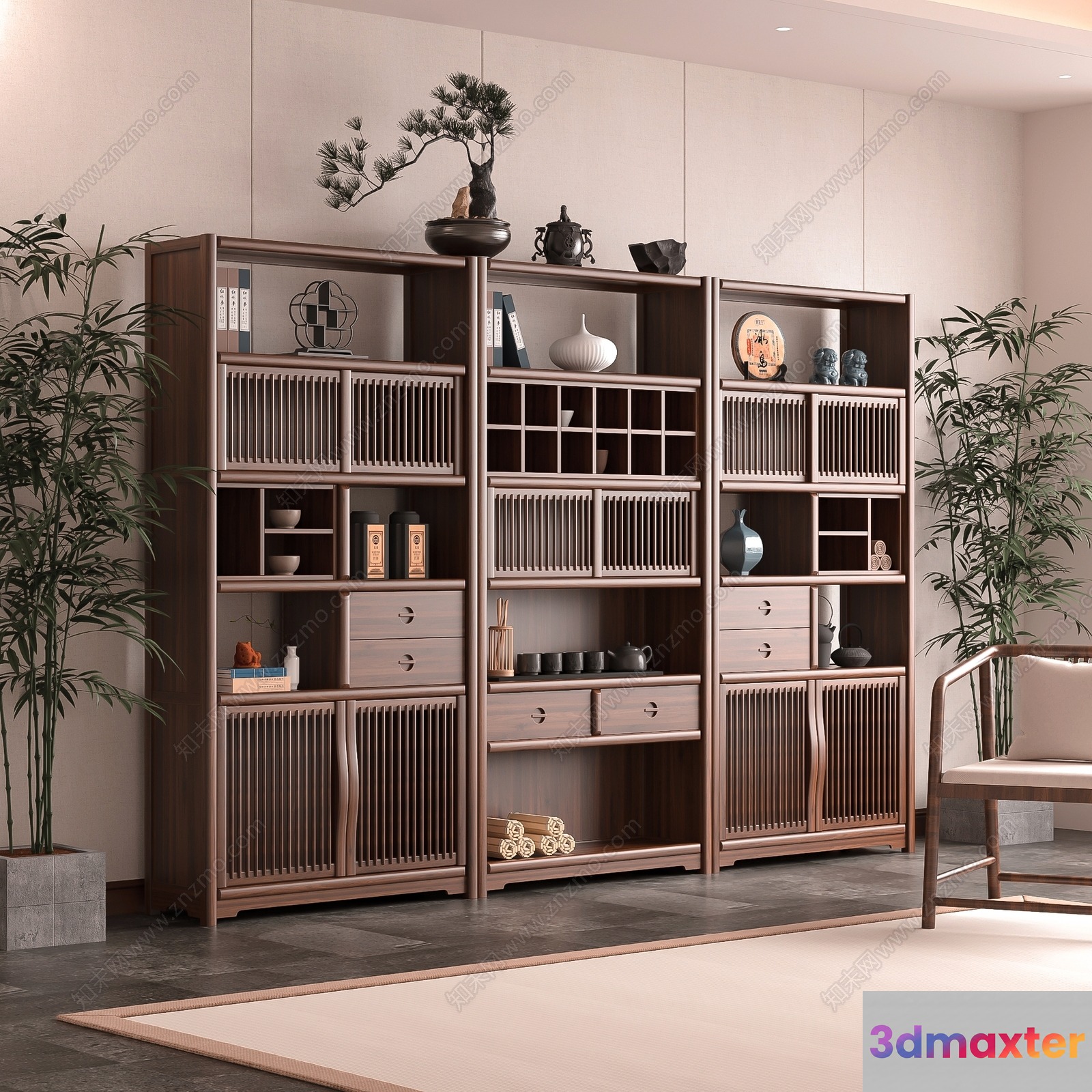 A Large Wooden Bookshelf 3D Model - 1363 - VRAY Render
