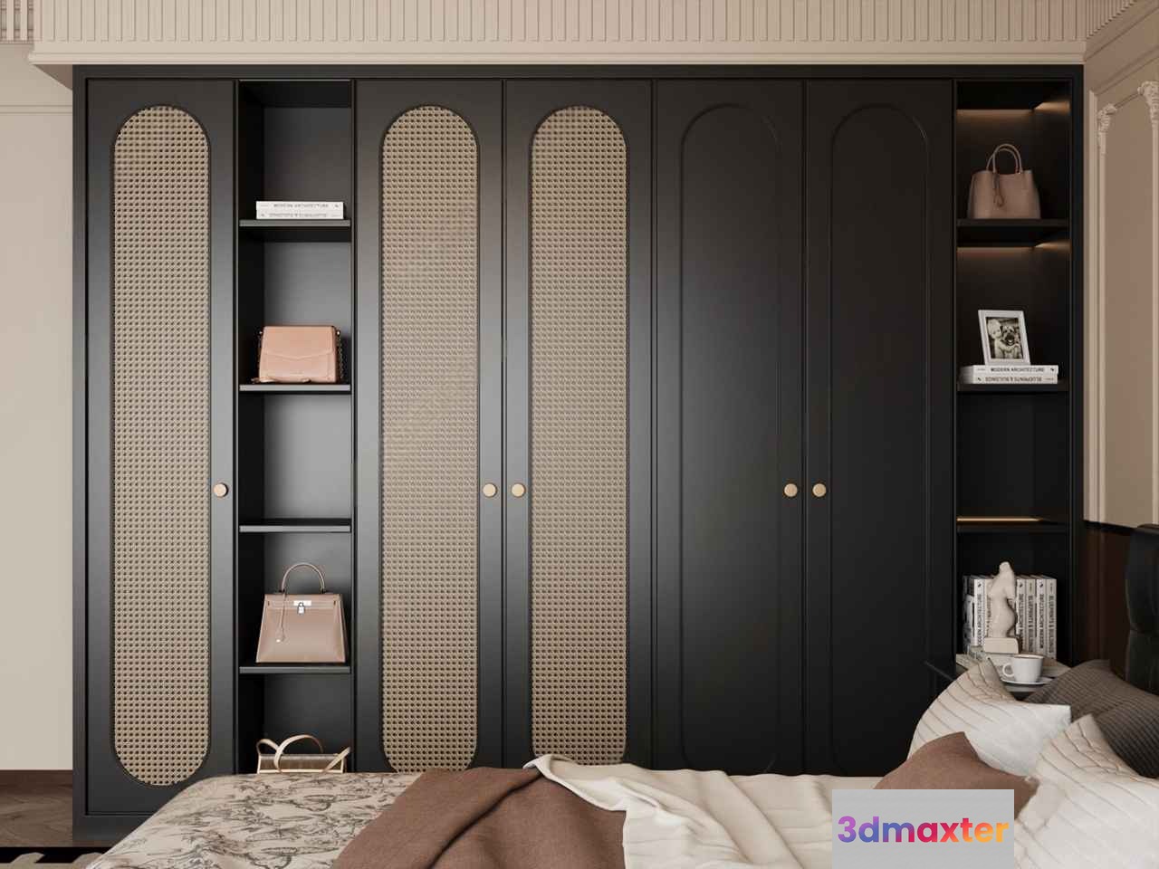 Black Wardrobe With Rattan Doors 3D Model - 173 - VRAY Render