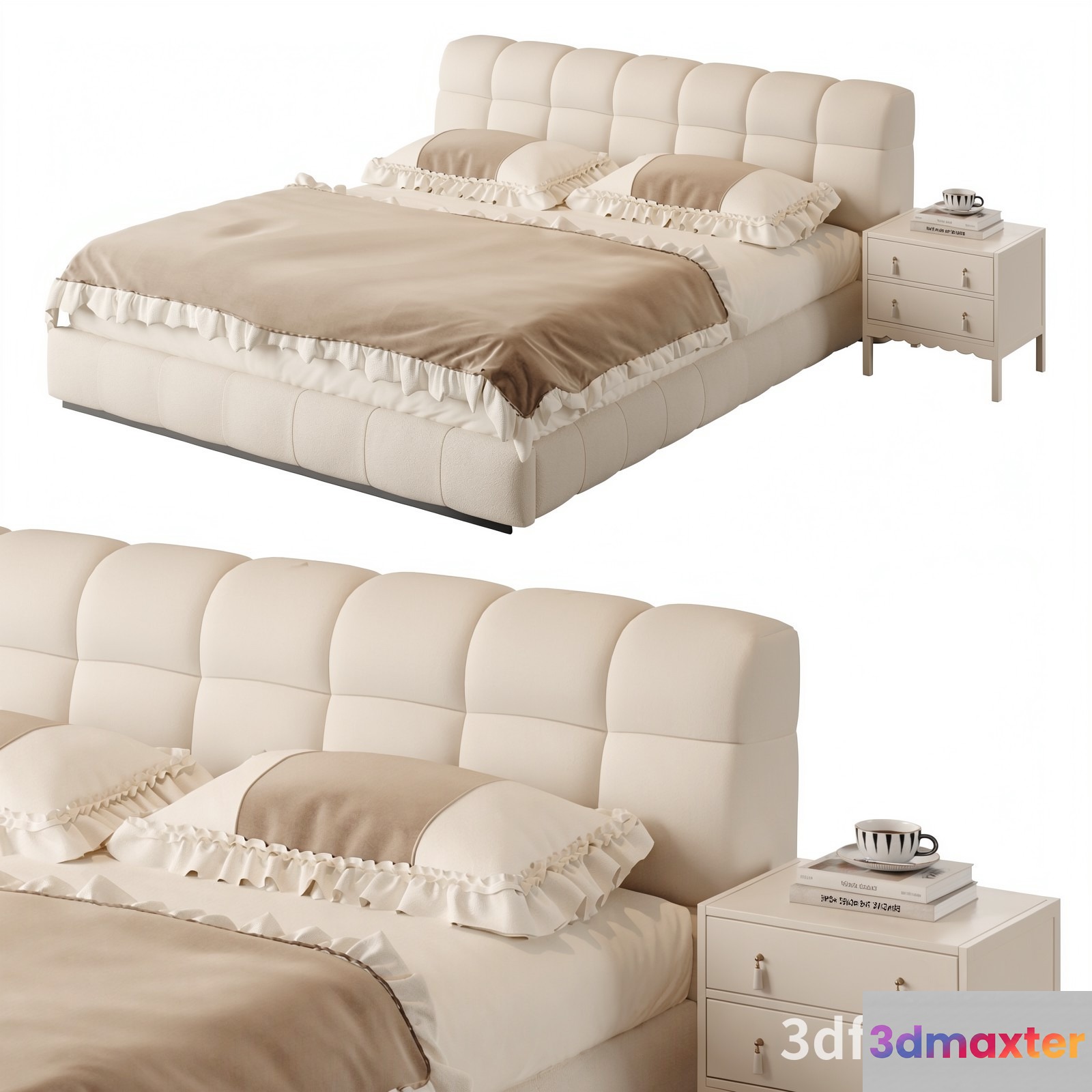 A 3D Rendering Of A Bed And Nightstand 3D Model - 19656 - VRAY Render