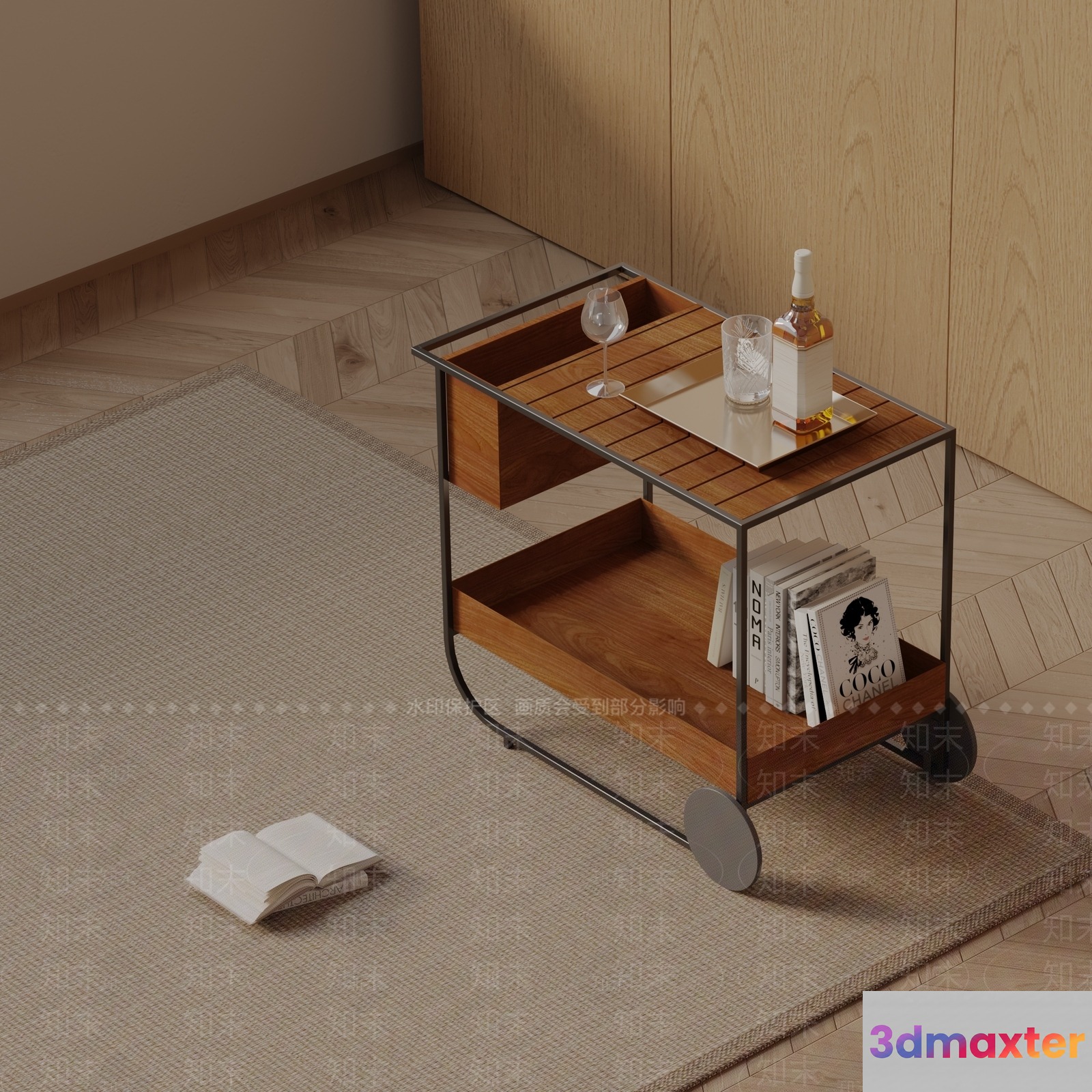 A Wooden Trolley Cart With Wheels 3D Model - 1049 - VRAY Render