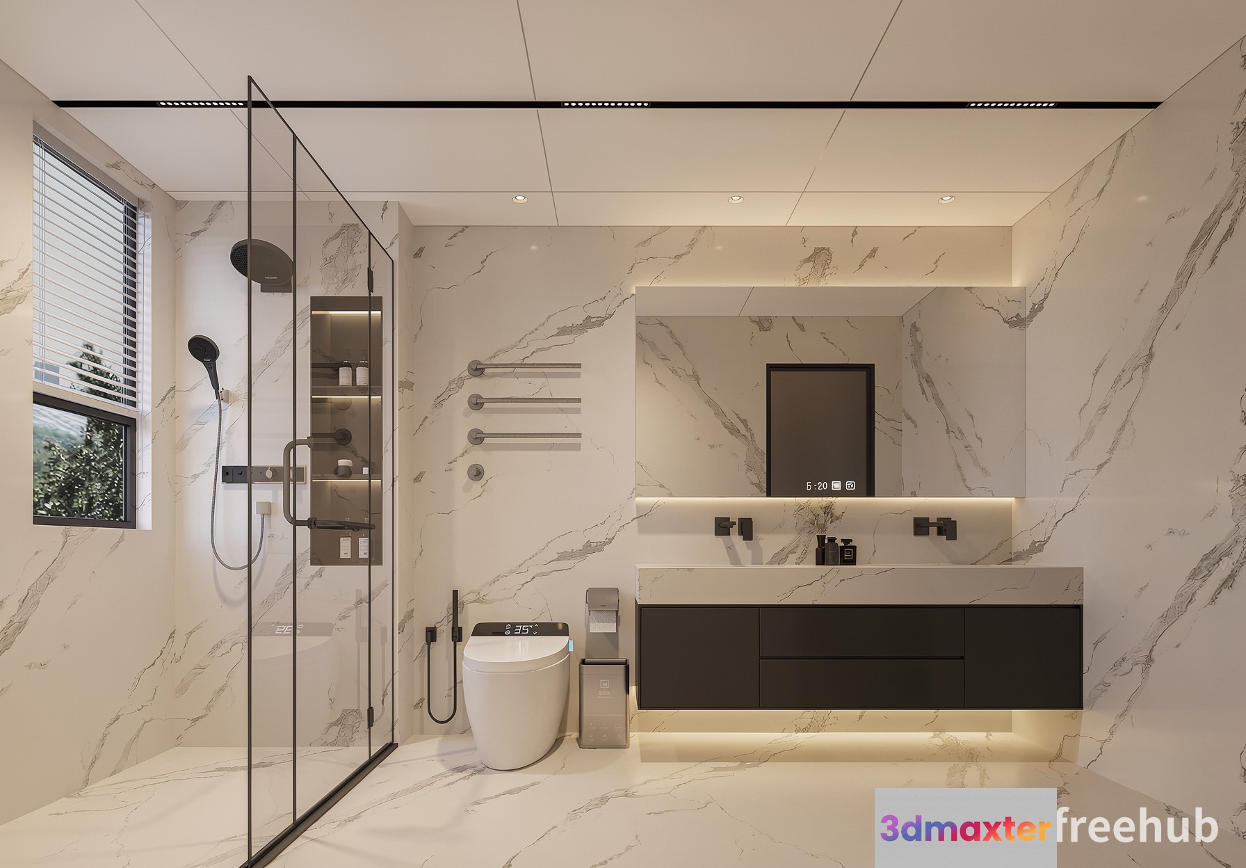 Modern Bathroom With Marble Walls 3D Model - 20577 - VRAY Render