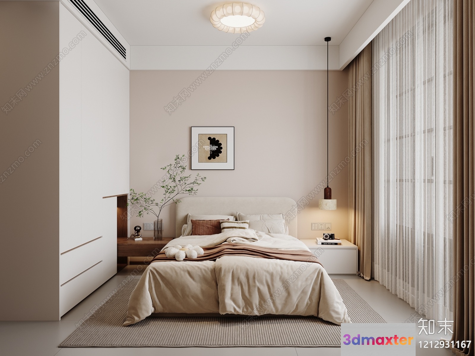 Cozy Neutral-Toned Bedroom 3D Model - 2428 - VRAY Render