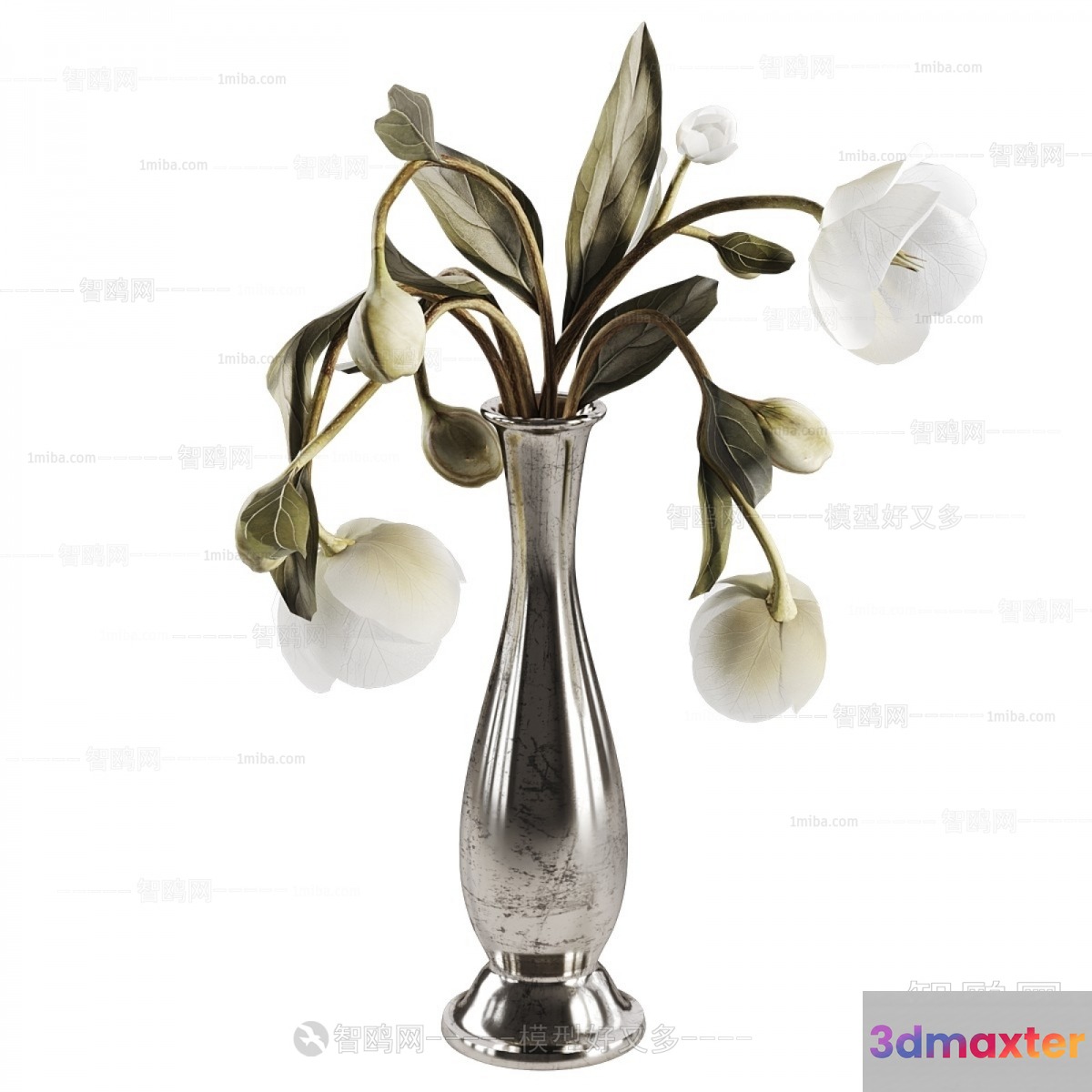 A Silver Vase With White Flowers 3D Model - 4517 - CORONA Render